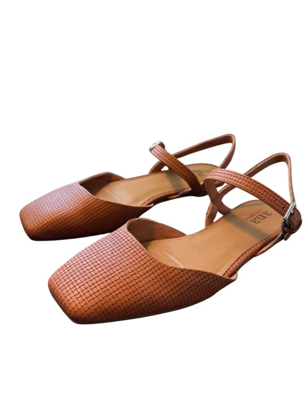 A.N.A Tan Woven Square Toe Slingback Sandals Shoes Buckle Farber 018-0226 Sz 7